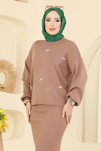 moda selvim İnci Detaylı Elbiseli Takım 1018MT581 Vizyon - Thumbnail