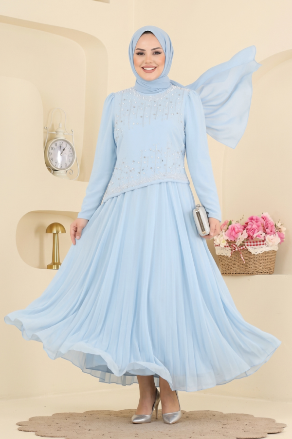 Modaselvim ABİYE İnci Detaylı Şık Abiye 5724DMNK1166 Bebe Mavisi