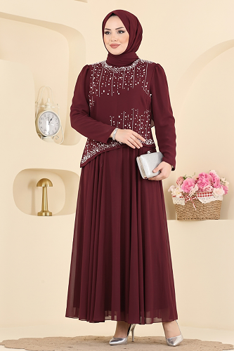 moda selvim İnci Detaylı Şık Abiye 5724DMNK1166 Bordo - Thumbnail