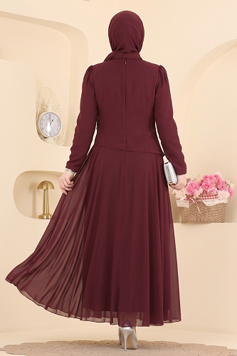 moda selvim İnci Detaylı Şık Abiye 5724DMNK1166 Bordo - Thumbnail
