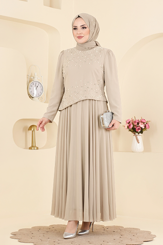 moda selvim İnci Detaylı Şık Abiye 5724DMNK1166 Taş - Thumbnail