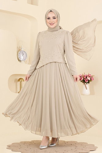 moda selvim İnci Detaylı Şık Abiye 5724DMNK1166 Taş - Thumbnail