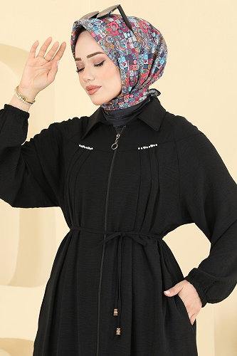 moda selvim İnci Detaylı Şık Ferace 1422ORG1169 Siyah - Thumbnail