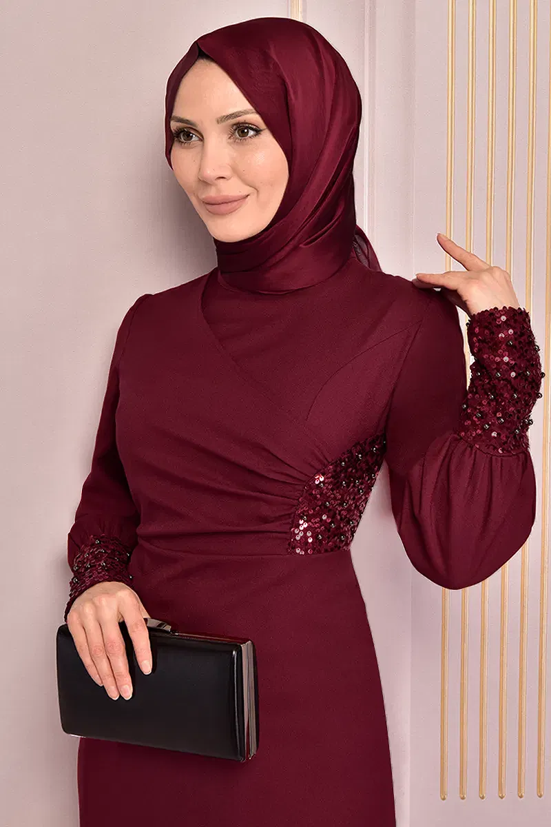 moda selvim İnci Detaylı Tesettür Abiye ASM2553-M Bordo - Thumbnail