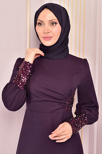 moda selvim İnci Detaylı Tesettür Abiye ASM2553-M Mürdüm - Thumbnail