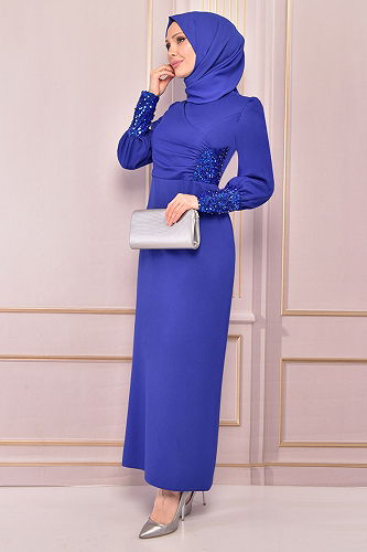 moda selvim İnci Detaylı Tesettür Abiye ASM2553-M Saks - Thumbnail