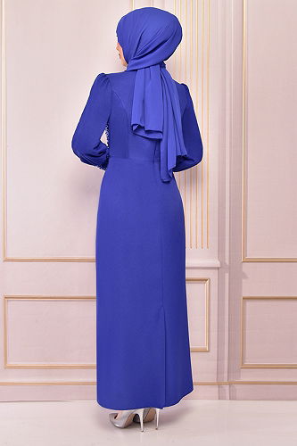 moda selvim İnci Detaylı Tesettür Abiye ASM2553-M Saks - Thumbnail