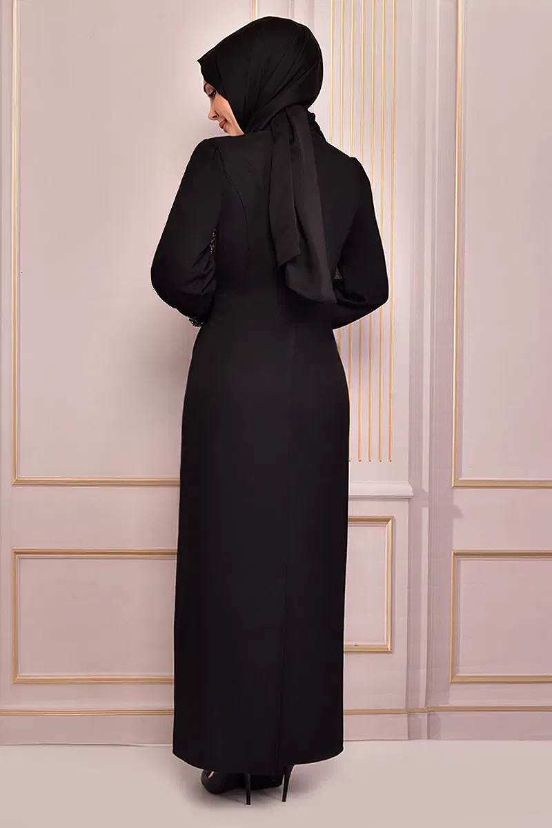 moda selvim İnci Detaylı Tesettür Abiye ASM2553-M Siyah - Thumbnail