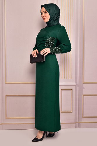 moda selvim İnci Detaylı Tesettür Abiye ASM2553-M Zümrüt - Thumbnail