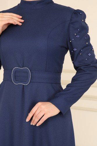 moda selvim İnci Detaylı Tesettür Elbise ASM2614 İndigo - Thumbnail