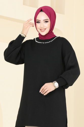 moda selvim İnci Detaylı Triko Tunik 9569KL398 Siyah - Thumbnail