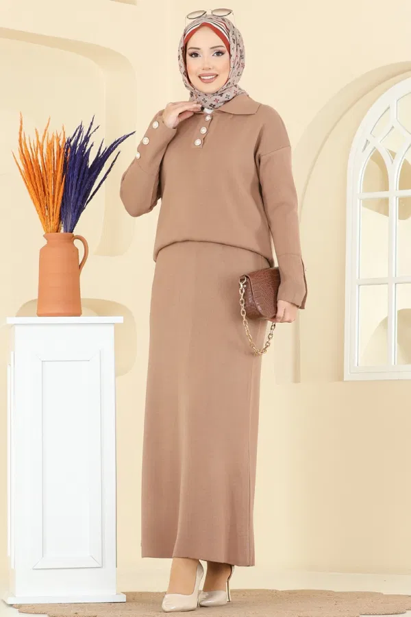 Modaselvim Kombin İnci Düğme Detaylı Takım 01213MT581 Bisküvi