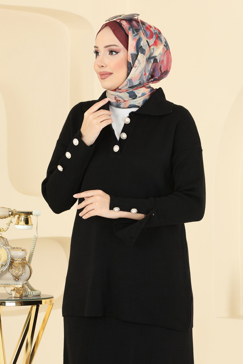 İnci Düğme Detaylı Takım 01213MT581 Siyah