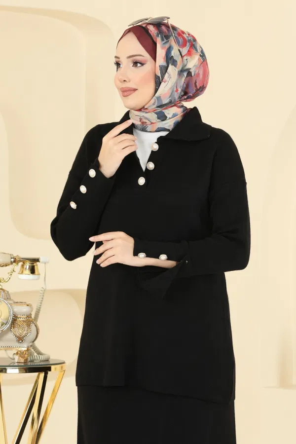 Modaselvim Kombin İnci Düğme Detaylı Takım 01213MT581 Siyah