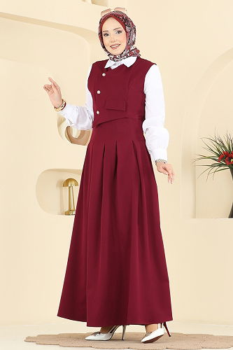moda selvim İnci Düğmeli Jileli Takım 342ASN888 Bordo - Thumbnail