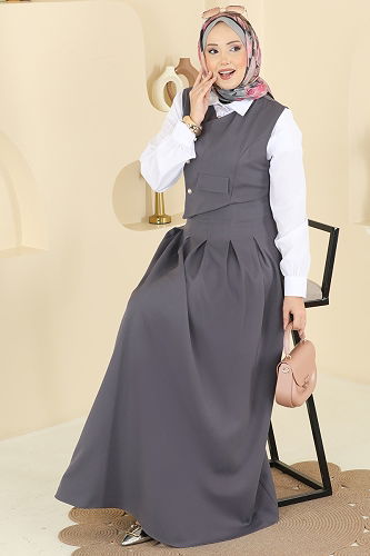 moda selvim İnci Düğmeli Jileli Takım 342ASN888 Gri - Thumbnail