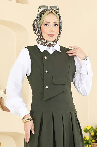 moda selvim İnci Düğmeli Jileli Takım 342ASN888 Haki - Thumbnail