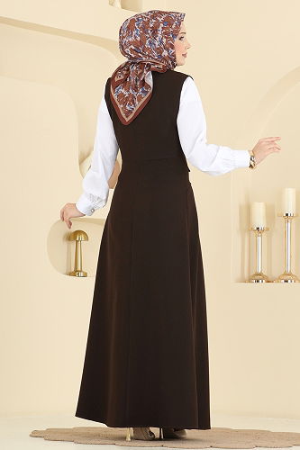 moda selvim İnci Düğmeli Jileli Takım 342ASN888 Kahve - Thumbnail