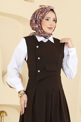 moda selvim İnci Düğmeli Jileli Takım 342ASN888 Kahve - Thumbnail