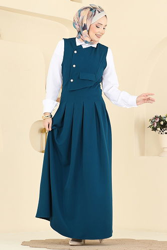 moda selvim İnci Düğmeli Jileli Takım 342ASN888 Petrol - Thumbnail