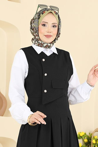 moda selvim İnci Düğmeli Jileli Takım 342ASN888 Siyah - Thumbnail