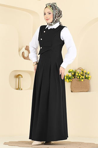 moda selvim İnci Düğmeli Jileli Takım 342ASN888 Siyah - Thumbnail