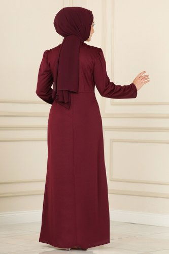 moda selvim İnci İşlemeli Abiye Elbise ASM2459 Bordo - Thumbnail