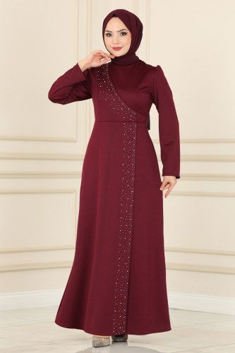 moda selvim İnci İşlemeli Abiye Elbise ASM2459 Bordo - Thumbnail