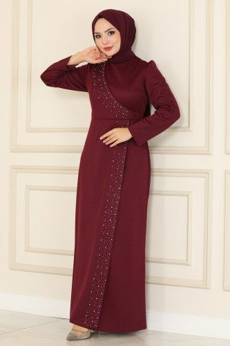 moda selvim İnci İşlemeli Abiye Elbise ASM2459 Bordo - Thumbnail