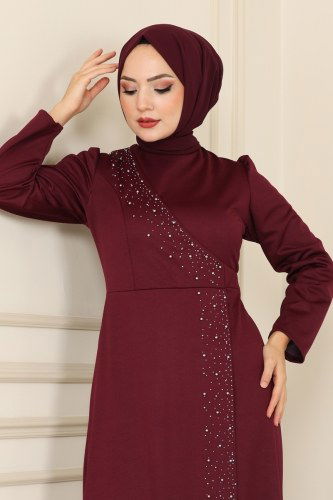 moda selvim İnci İşlemeli Abiye Elbise ASM2459 Bordo - Thumbnail