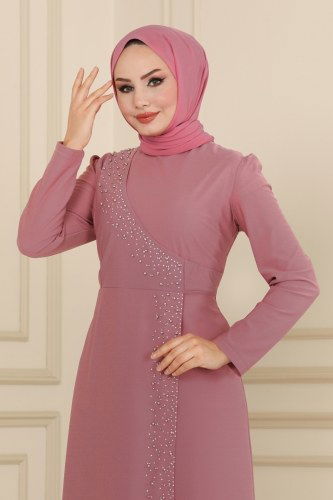 moda selvim İnci İşlemeli Abiye Elbise ASM2459 Gül Kurusu - Thumbnail