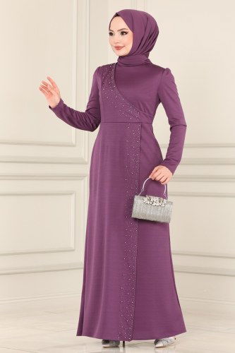 A.S.M. - İnci İşlemeli Abiye Elbise ASM2459 Koyu Lila