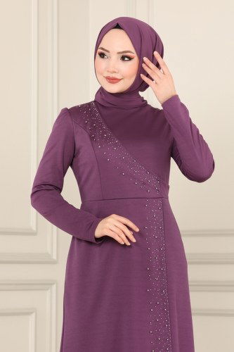 moda selvim İnci İşlemeli Abiye Elbise ASM2459 Koyu Lila - Thumbnail