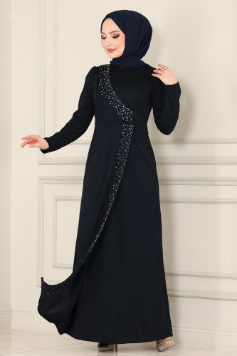 moda selvim İnci İşlemeli Abiye Elbise ASM2459 Laci - Thumbnail