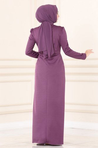 moda selvim İnci İşlemeli Abiye Elbise ASM2459 Lila - Thumbnail