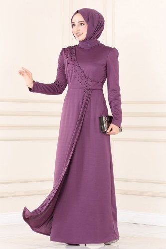 moda selvim İnci İşlemeli Abiye Elbise ASM2459 Lila - Thumbnail