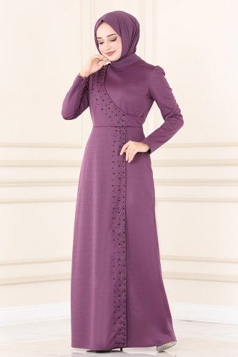 moda selvim İnci İşlemeli Abiye Elbise ASM2459 Lila - Thumbnail