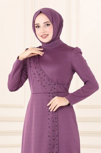 moda selvim İnci İşlemeli Abiye Elbise ASM2459 Lila - Thumbnail