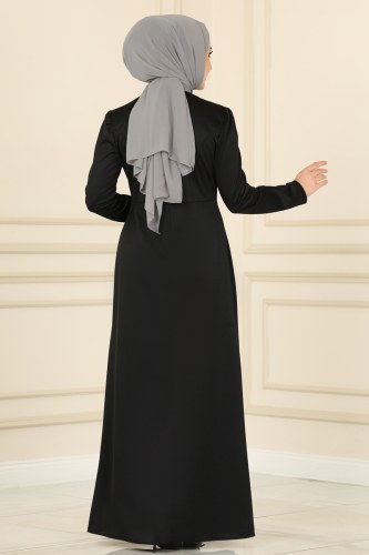 moda selvim İnci İşlemeli Abiye Elbise ASM2459 Siyah - Thumbnail