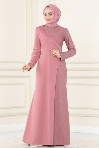 A.S.M. - İnci İşlemeli Abiye Elbise ASM2530 Gül Kurusu