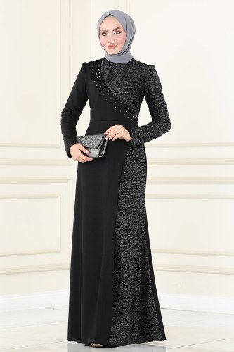 A.S.M. - İnci İşlemeli Abiye Elbise ASM2530 Siyah