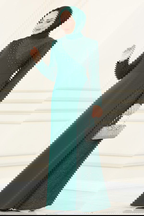 Modaselvim SEPETTE NET %20+%20 İNDİRİM İnci İşlemeli Abiye Elbise ASM2530 Zümrüt