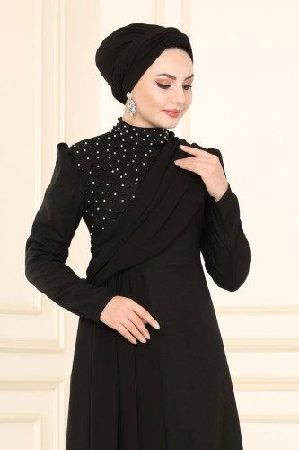 moda selvim İnci İşlemeli Krep Takım ASM2556 Siyah - Thumbnail