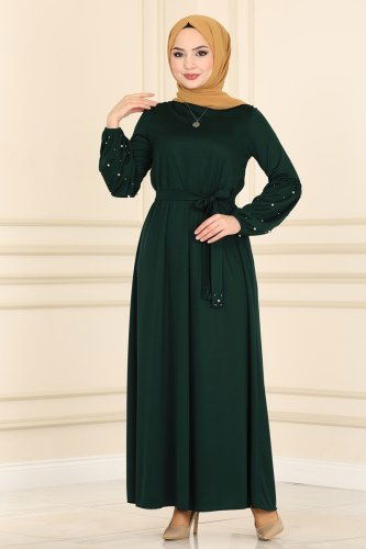moda selvim İnci İşlemeli Mira Elbise 1670SH396 Zümrüt - Thumbnail