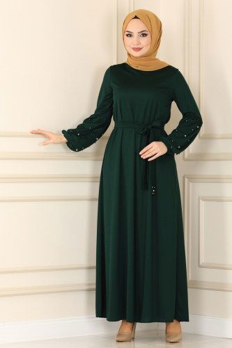 moda selvim İnci İşlemeli Mira Elbise 1670SH396 Zümrüt - Thumbnail