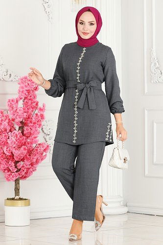 moda selvim İnci İşlemeli Takım 5005HBS856 Antrasit - Thumbnail