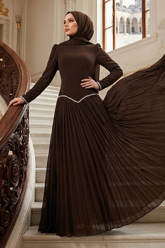 moda selvim İnci Taş Detaylı Krep Abiye 5684DMNK1166 Acı Kahve - Thumbnail