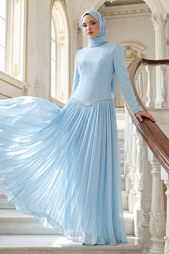 moda selvim İnci Taş Detaylı Krep Abiye 5684DMNK1166 Bebe Mavisi - Thumbnail