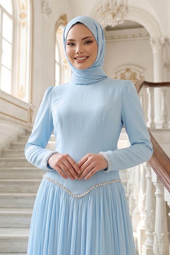moda selvim İnci Taş Detaylı Krep Abiye 5684DMNK1166 Bebe Mavisi - Thumbnail