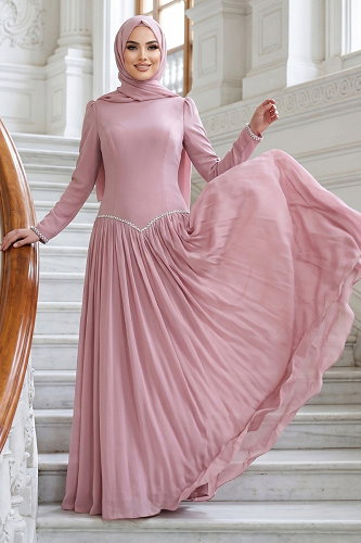 moda selvim İnci Taş Detaylı Krep Abiye 5684DMNK1166 Pudra - Thumbnail